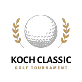 A white golfball, with a golden wheat-style branch on each side. Below text reads: Koch Classic golf tournament